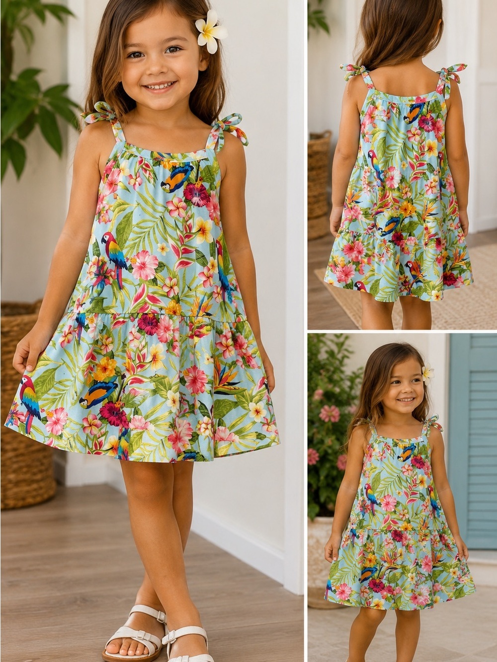 Girls' Tropical Floral Tie-Shoulder Dress - Blue Multi